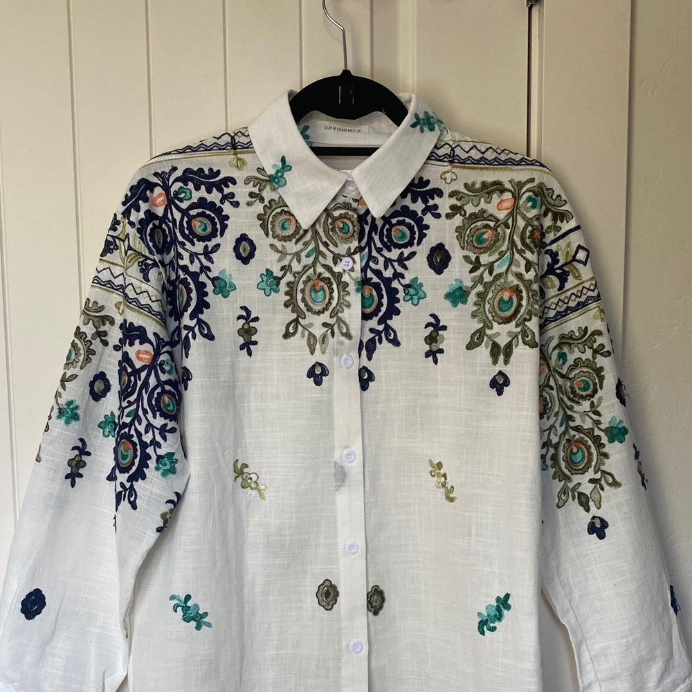 Embroidered White Button-Up Shirt